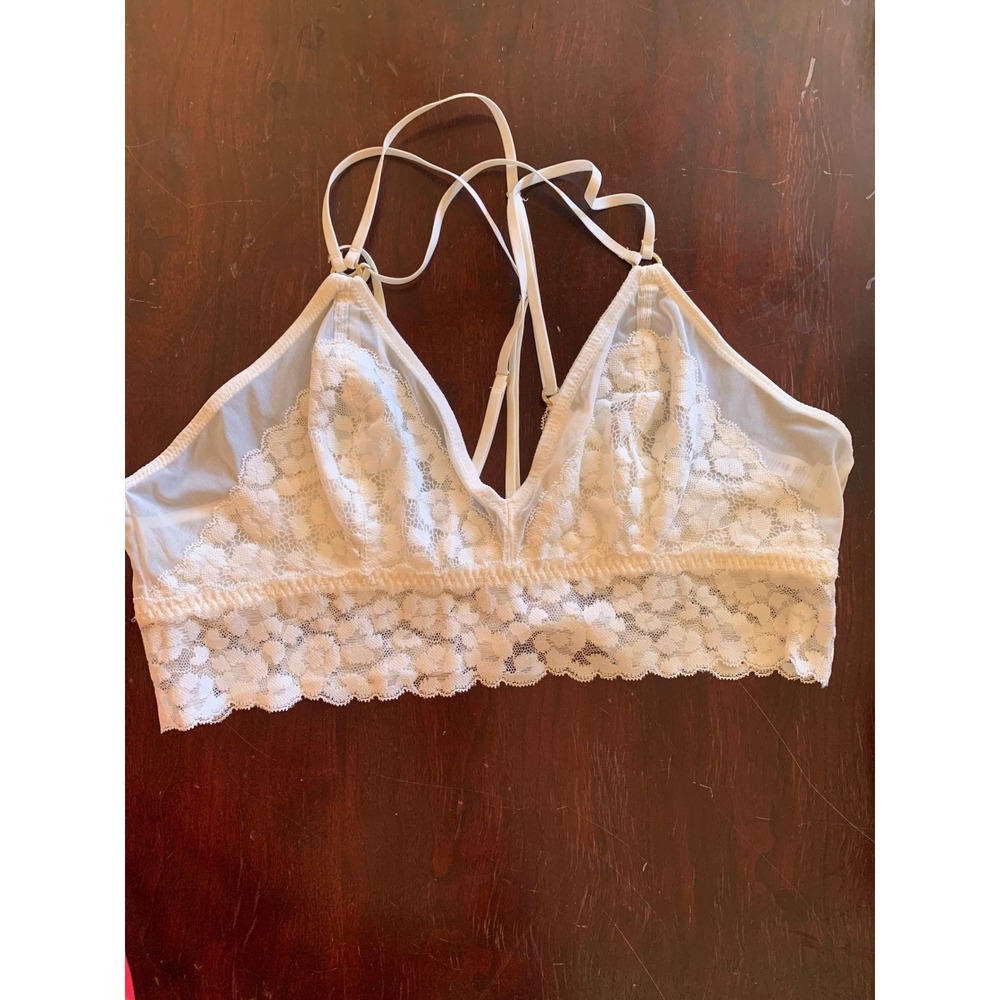 Aerie White Lace Strappy Back Bralette Size Large Floral Mesh Cage Back